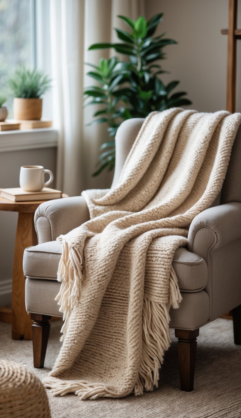 A cozy office corner with a wool throw blanket draped over an armchair, a side table with a mug and books, and natural light coming through a window.