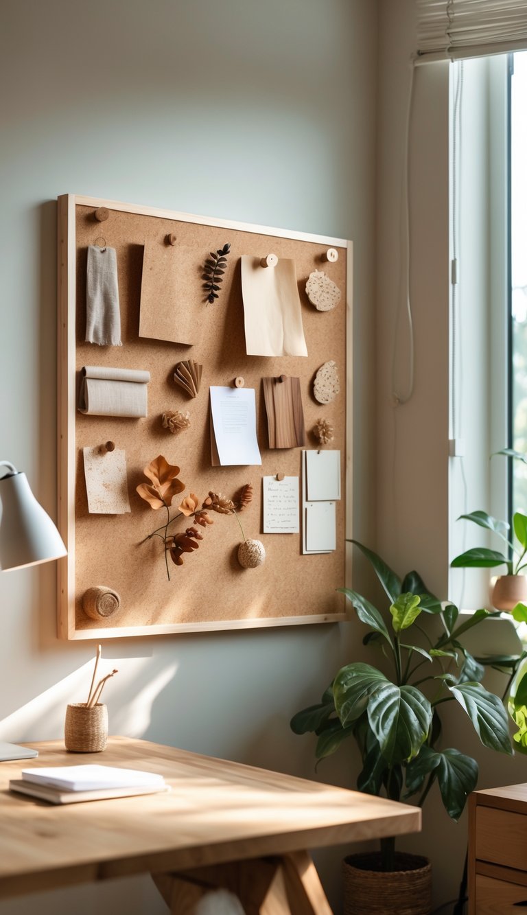 A cork pinboard on a wall with natural texture samples pinned to it, above a wooden desk with a lamp and a plant in a cozy office space.