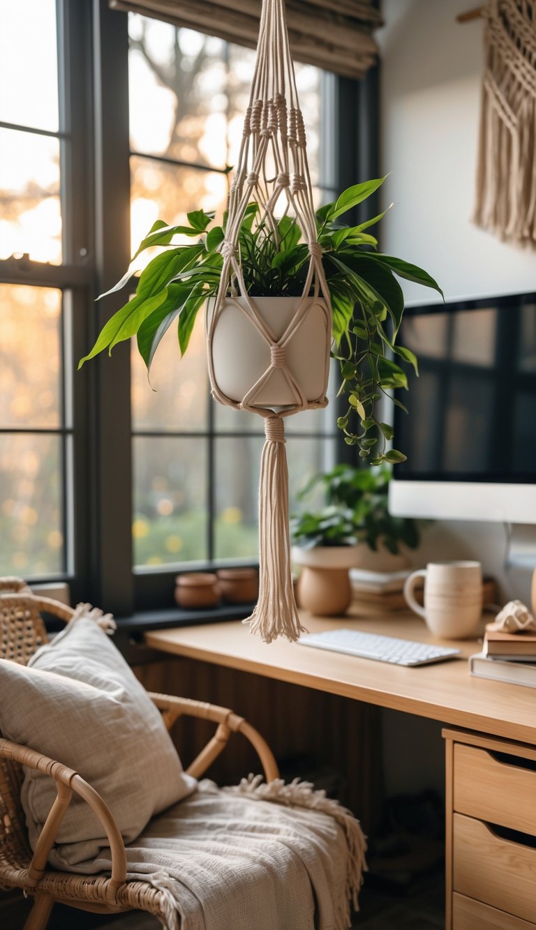 A cozy office space with a macrame plant hanger holding a green plant near a window, surrounded by wooden furniture and natural textured decor.