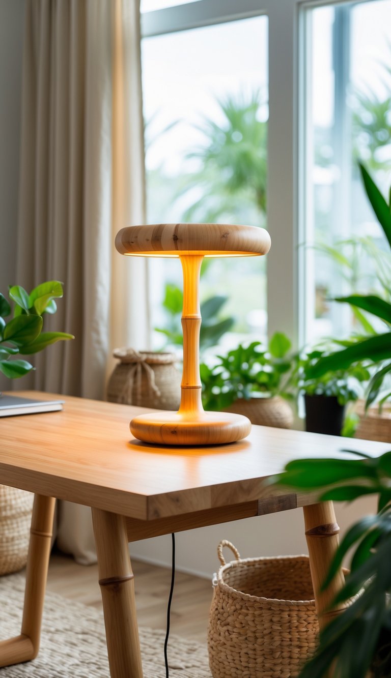 A cozy office workspace with a bamboo desk lamp on a wooden desk surrounded by plants and natural decor.