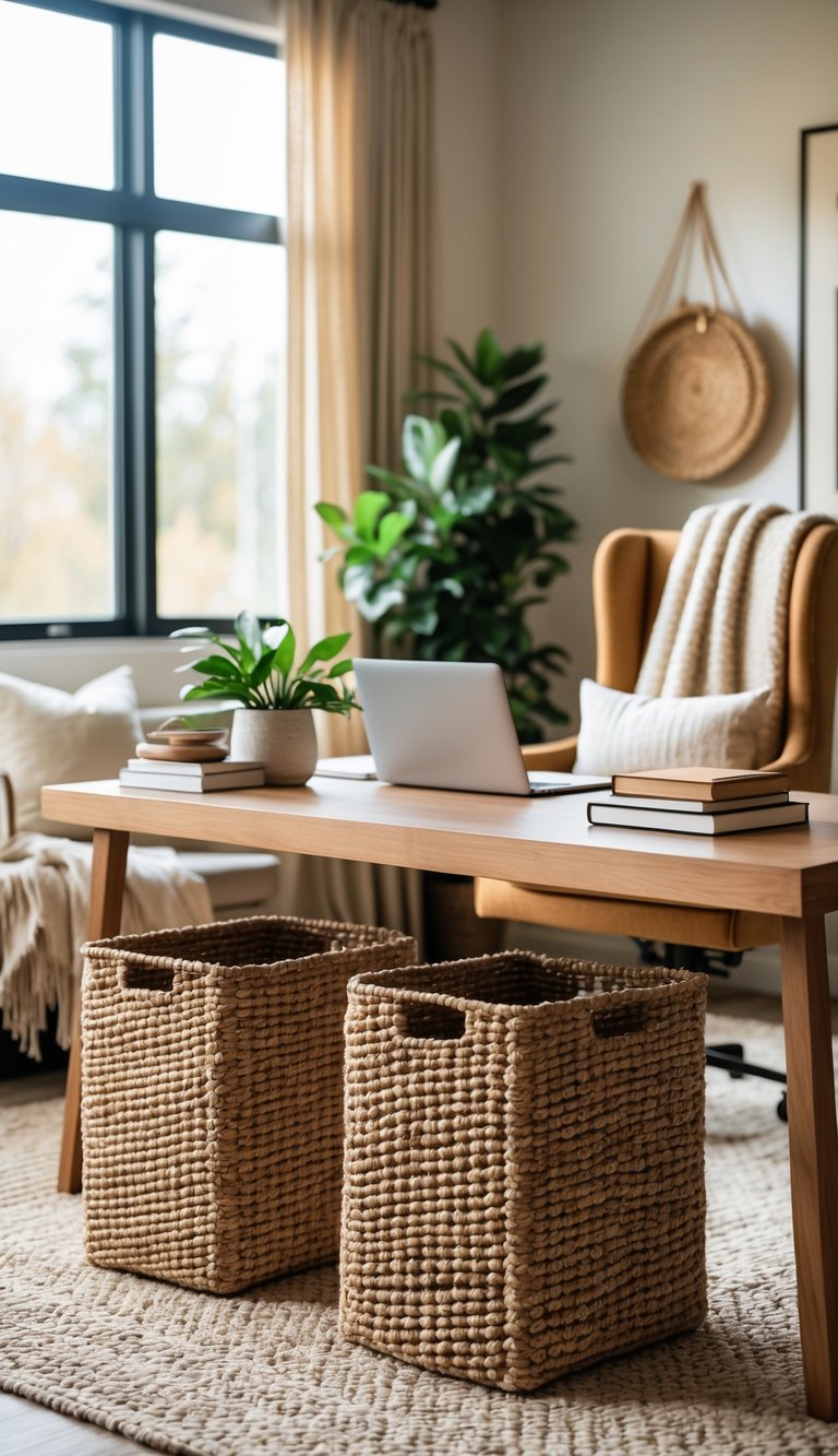 A cozy office space with seagrass storage bins on a wooden desk, natural light, a potted plant, and warm neutral decor.