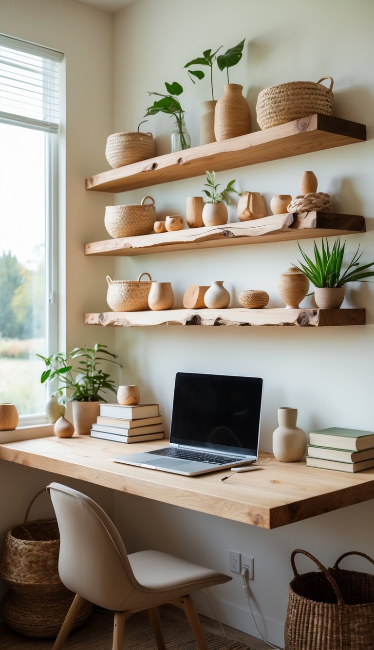 A cozy home office with raw-edge wooden floating shelves holding plants, books, and decorative items above a clean desk with a laptop.