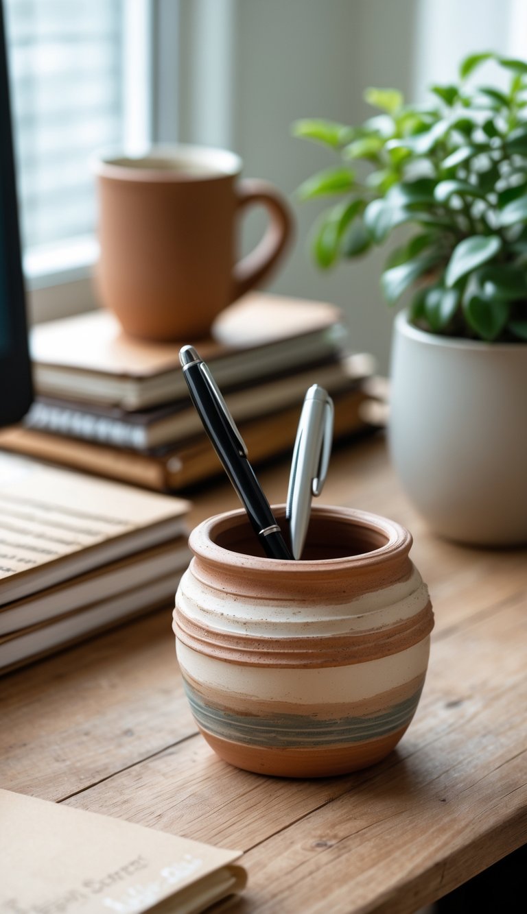 A clay pottery pen holder on a wooden desk surrounded by notebooks, a mug, and a small green plant in a cozy office setting.
