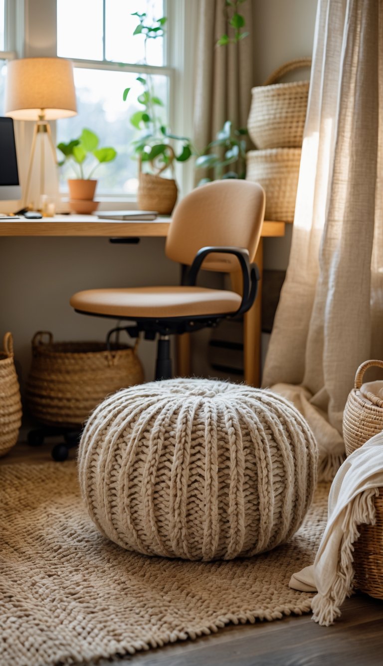 A cozy office corner with a knitted cotton pouf near a wooden desk, surrounded by natural textures and plants.