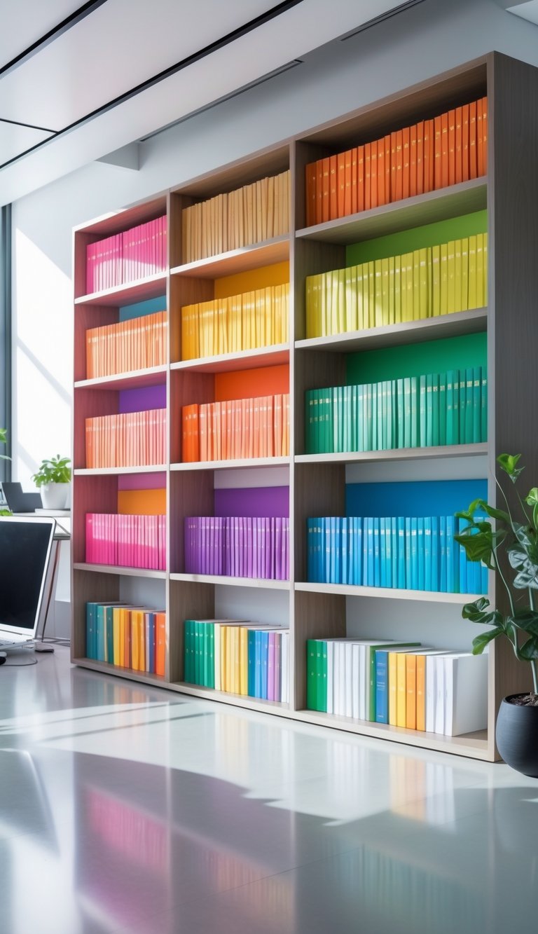 A bookshelf with books arranged by color in a gradient pattern, surrounded by plants and office accessories.