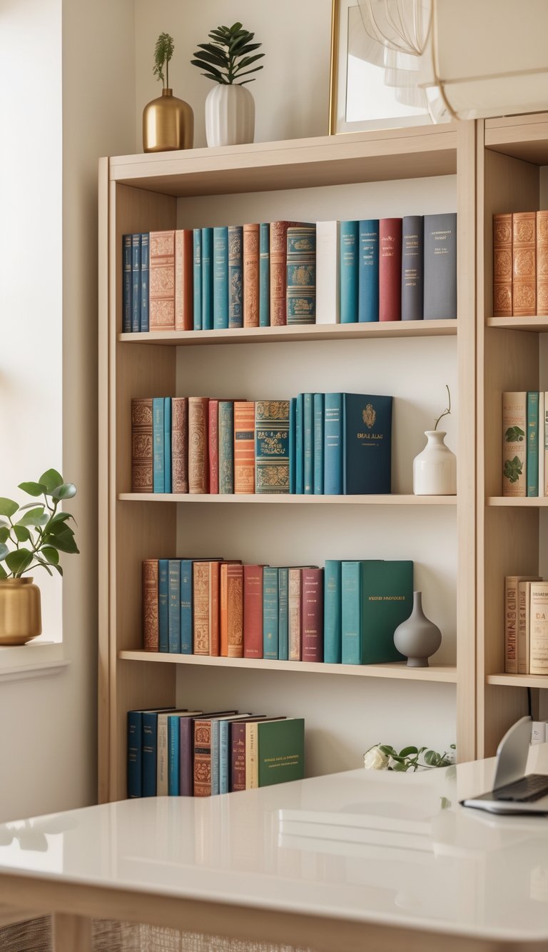 A neatly arranged bookshelf with a mix of vintage and modern books in a bright office setting with decorative plants and a lamp.