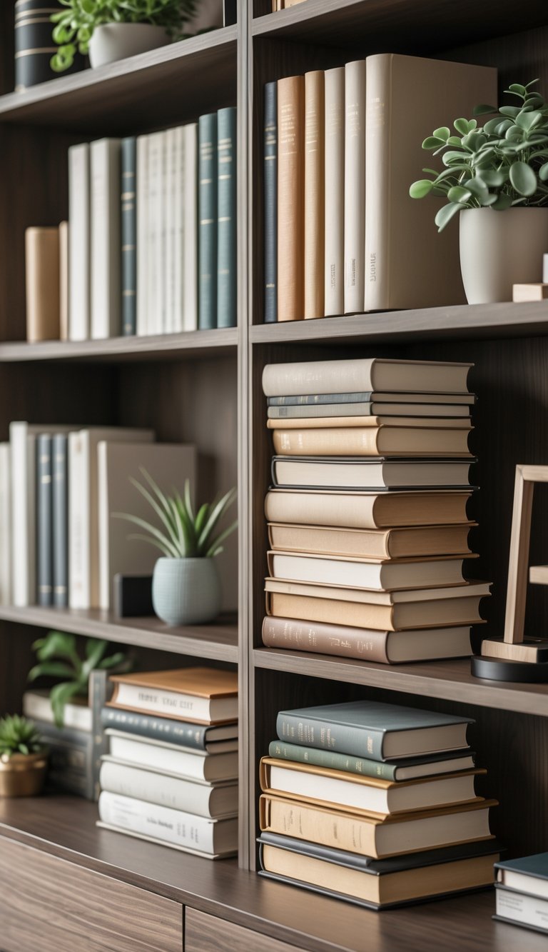 A neatly arranged bookshelf with books stacked both vertically and horizontally, along with small plants and office accessories.