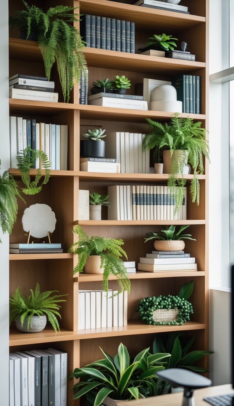 A bookshelf in an office with books and small green plants like succulents and ferns arranged on the shelves.