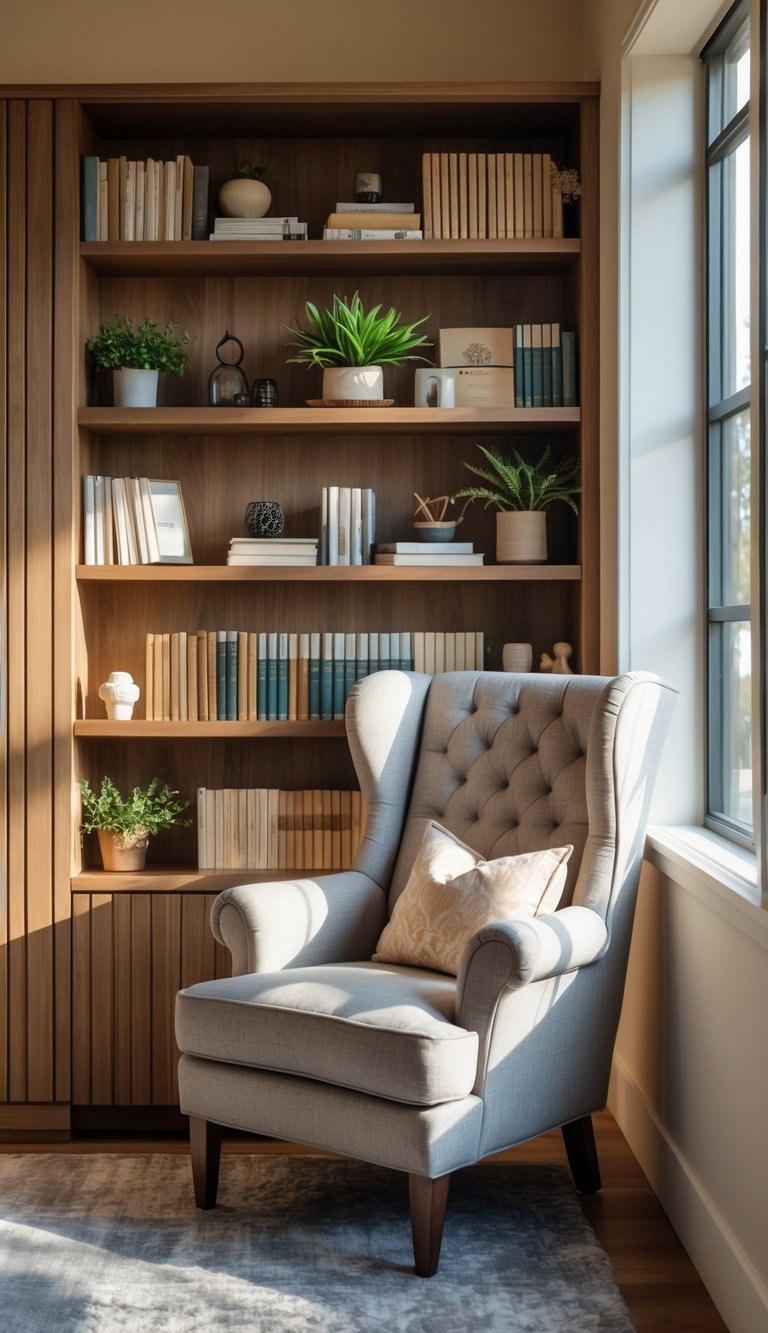 A plush armchair next to a neatly arranged bookshelf with books and decorative items in a softly lit room.