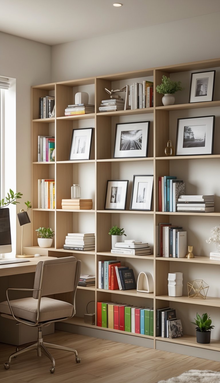 A bookshelf with books and framed black-and-white photos in a bright home office.