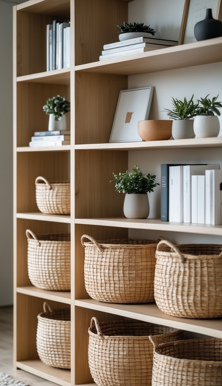 A bookshelf with woven baskets on the lower shelves and books and decorative items on the upper shelves in a bright room.