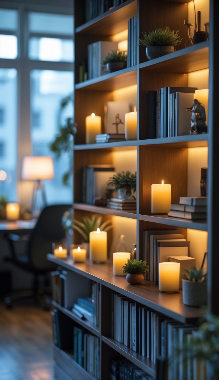 A bookshelf in an office softly lit by candles and small lamps, with books and decorative items arranged on the shelves.