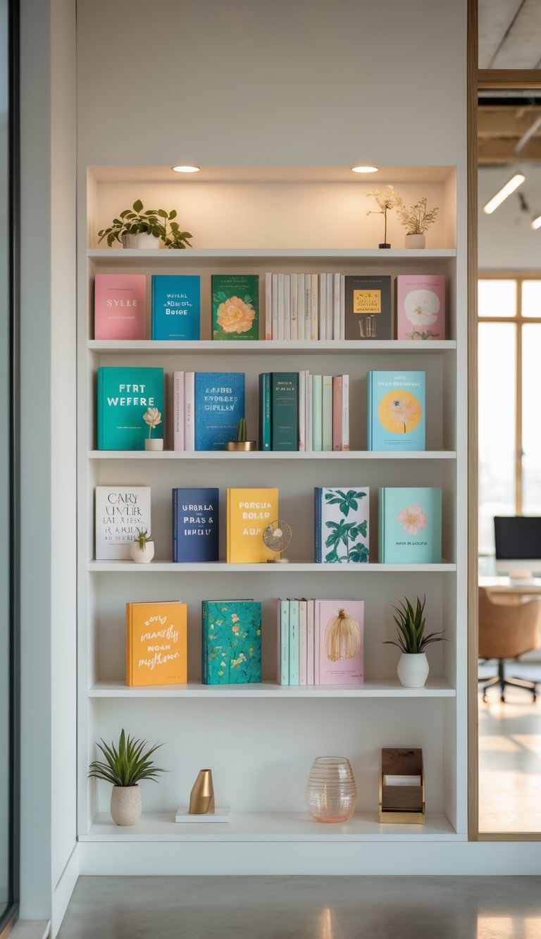 A bookshelf in an office displaying art books with their covers facing outward, surrounded by plants and office decor.