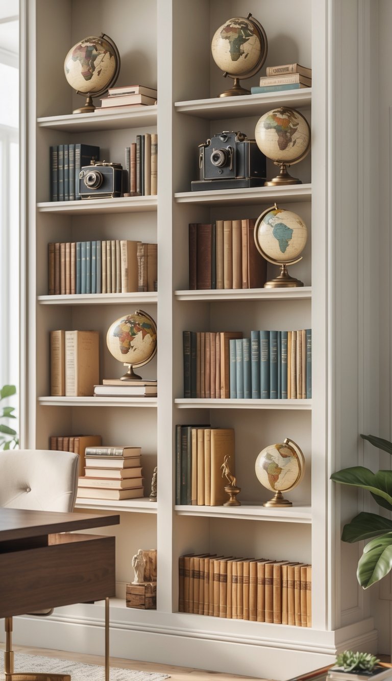 A bookshelf filled with books, antique cameras, and vintage globes in a bright office space.