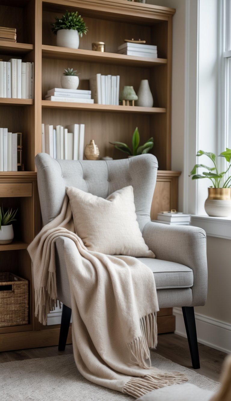 A cozy home office corner with a chair covered by a soft cashmere throw next to a neatly arranged bookshelf.