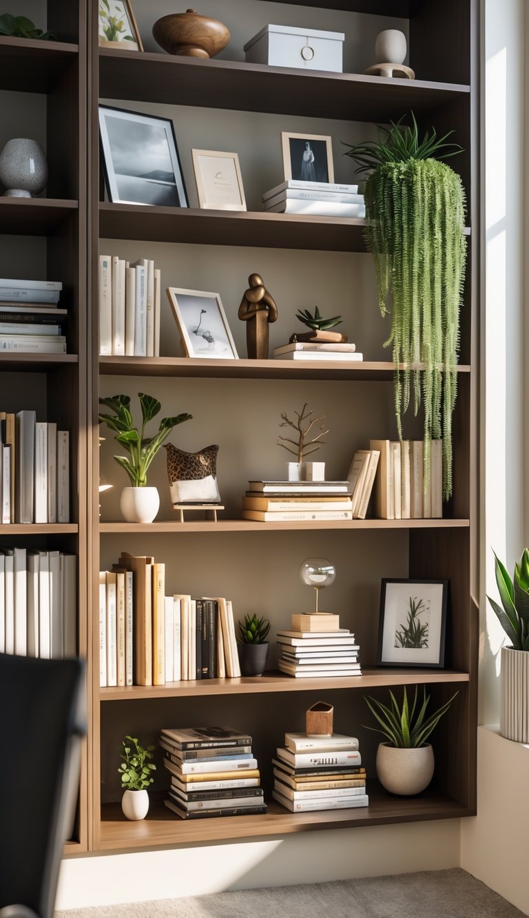 Bookshelf in an office with books, decorative items, and plants arranged neatly but naturally.