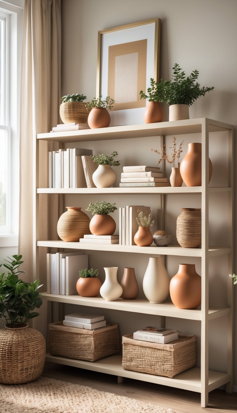 A neatly arranged bookshelf with books, plants, vases, and decorative items in neutral and warm tones.