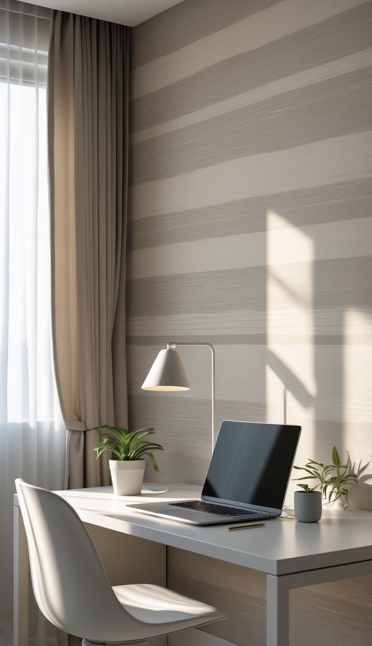 A calm office workspace with a laptop, desk lamp, potted plant, and neutral-tone wallpaper in the background.