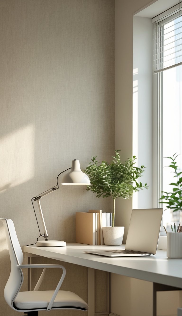 A tidy office desk with a laptop, lamp, plant, and beige wallpaper in the background.