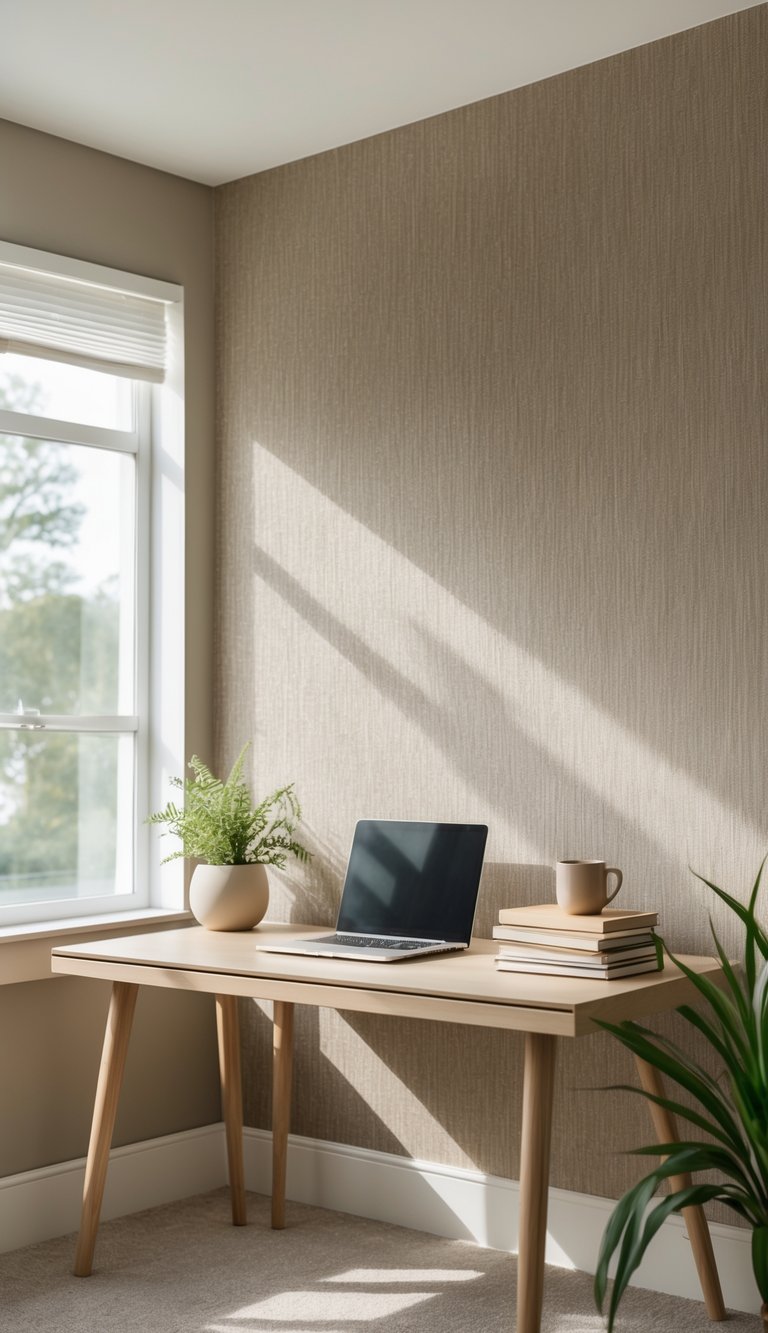 A calm office workspace with a wooden desk, laptop, notebooks, coffee mug, and a small plant against textured neutral-toned wallpaper.