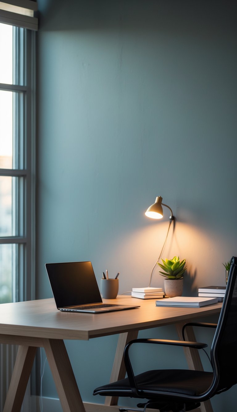 A tidy office desk with a laptop, lamp, plant, and notebooks against a muted gray wall.