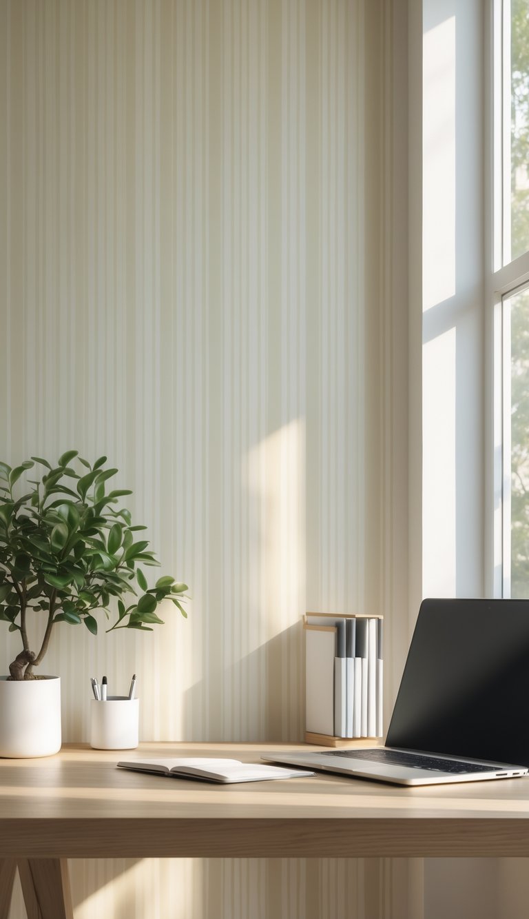 A modern office workspace with a wooden desk, laptop, potted plant, and neutral-tone vertical striped wallpaper in the background.
