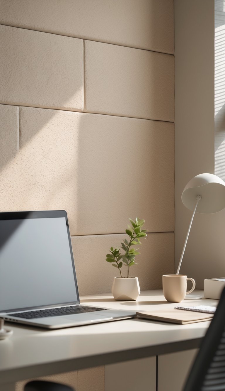 A calm office workspace with a desk, laptop, coffee cup, and pale sand-colored textured wall in the background.