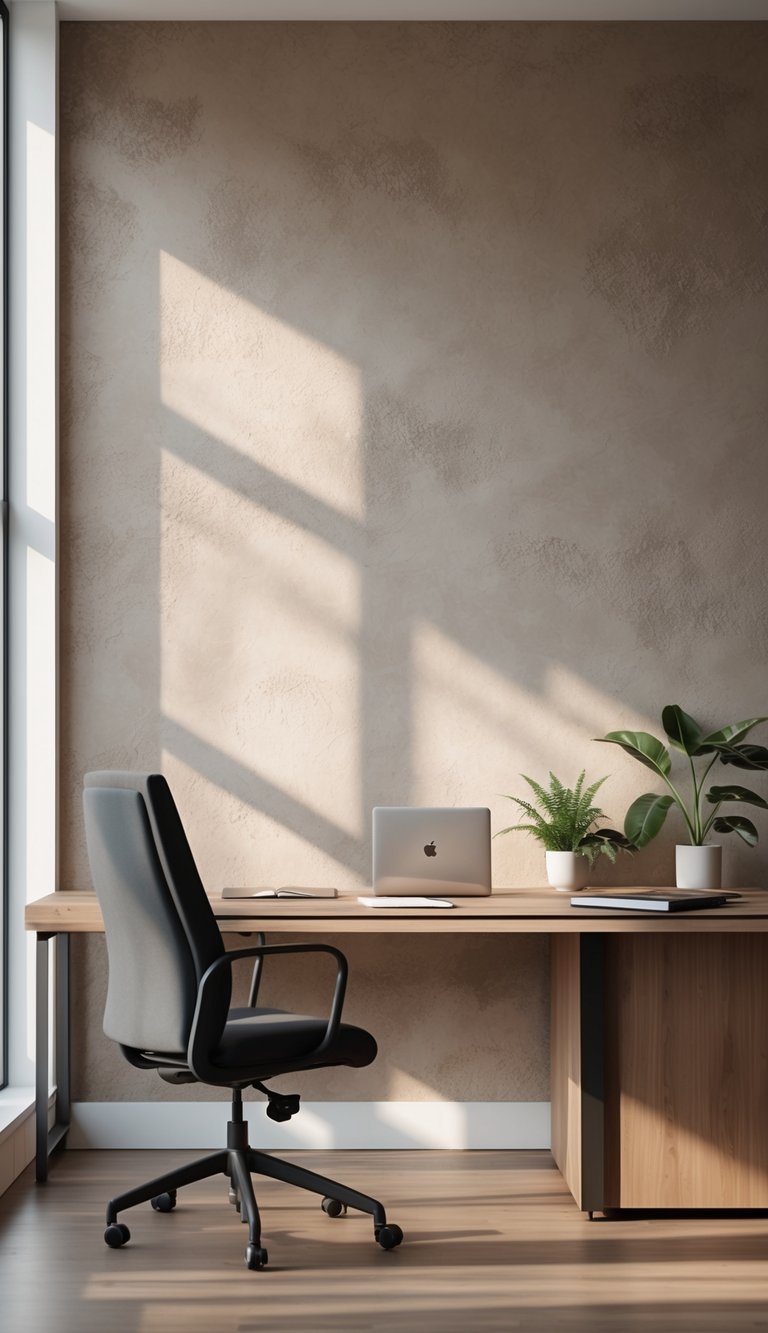 A modern office workspace with a wooden desk, ergonomic chair, laptop, notebook, and a potted plant in front of a smooth taupe-colored wall.