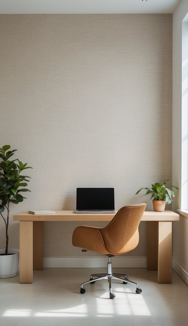 A modern office workspace with a wooden desk, laptop, notebook, potted plant, and neutral oatmeal linen textured wallpaper in the background.