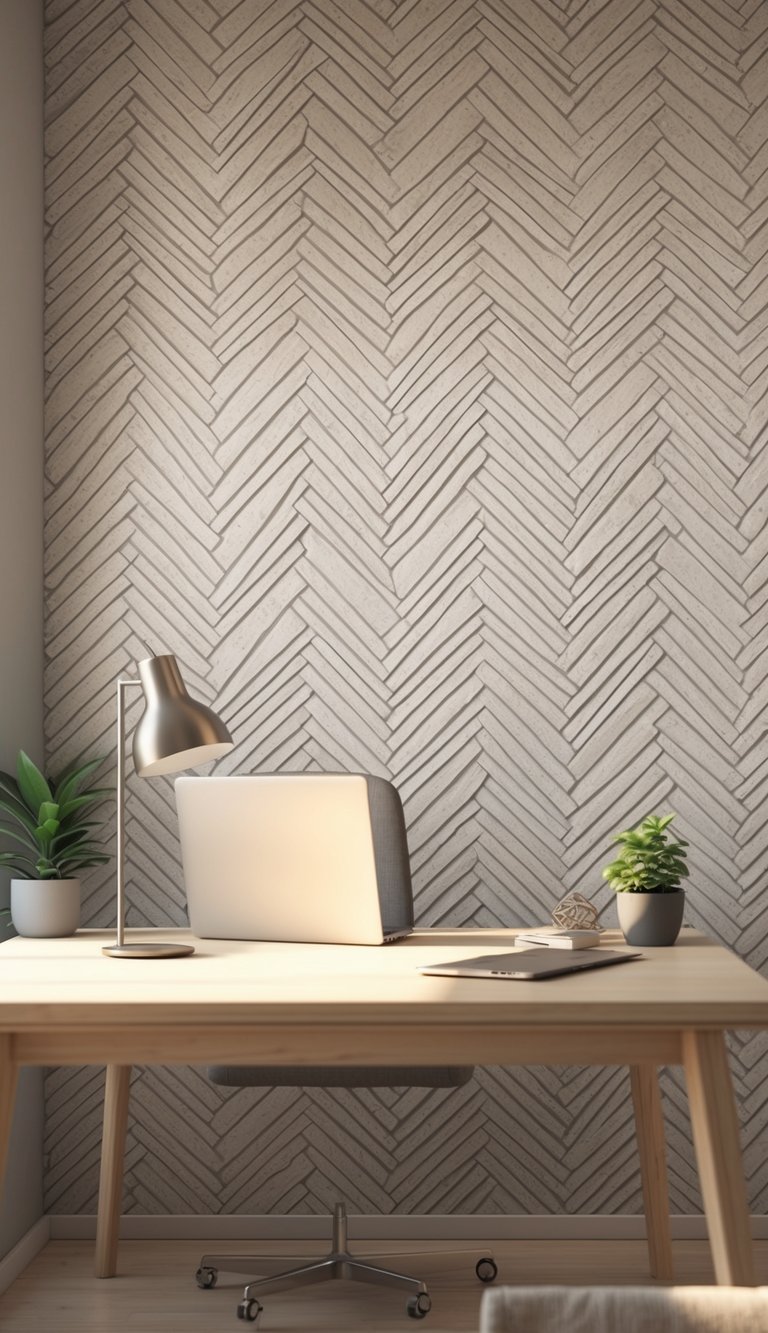 A tidy office workspace with a wooden desk, laptop, desk lamp, and potted plant against a neutral patterned wall.