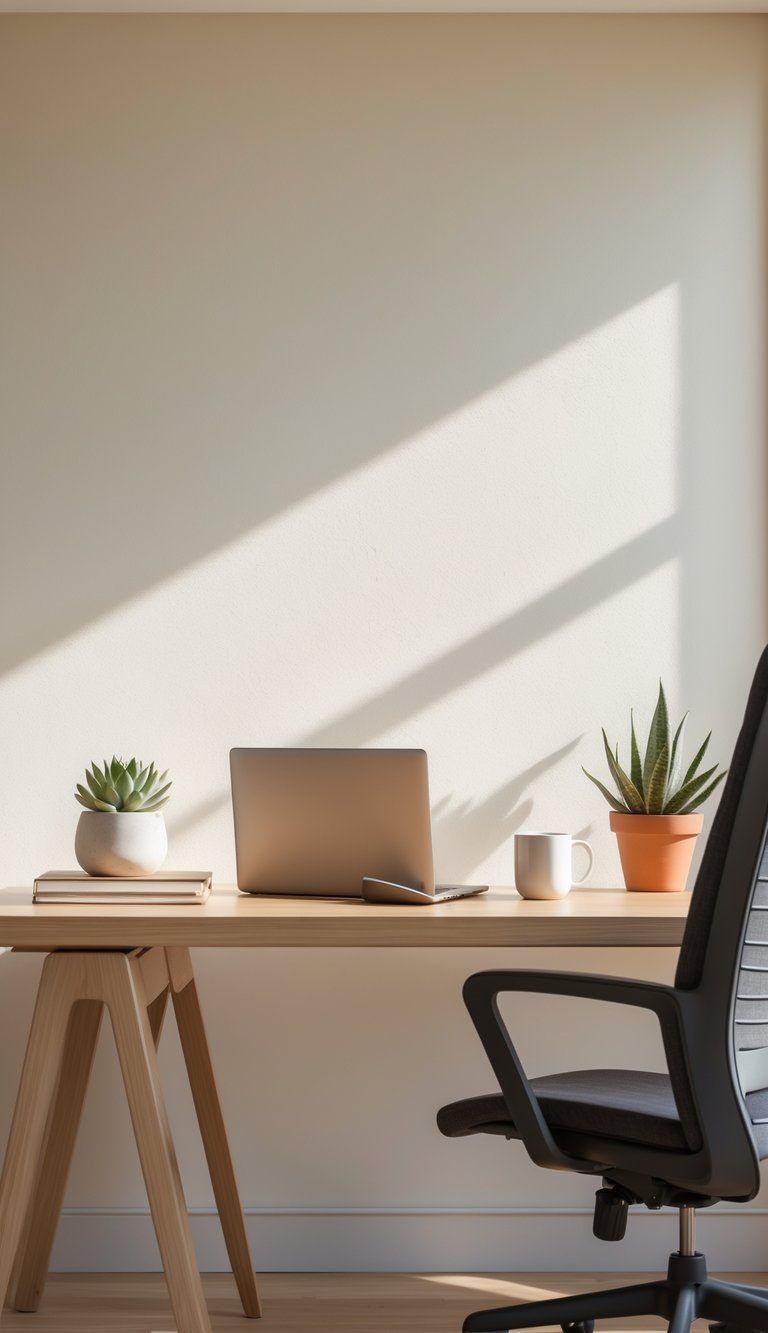 A calm office workspace with a warm white wall, wooden desk, laptop, coffee mug, plant, and chair.