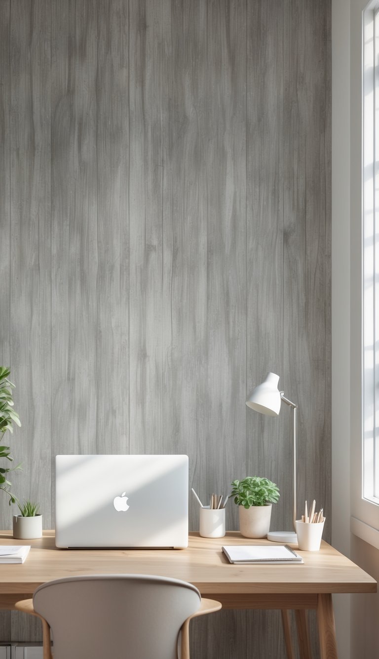A modern office workspace with a gray woodgrain wall, wooden desk, laptop, desk lamp, and a small plant.