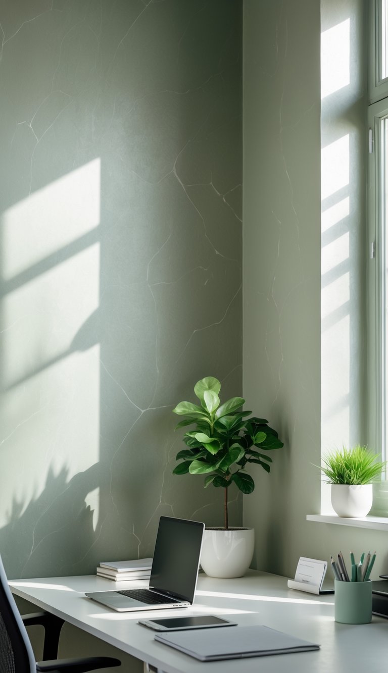 A modern office workspace with sage-tinted neutral wallpaper and a clean desk with a laptop and plant.
