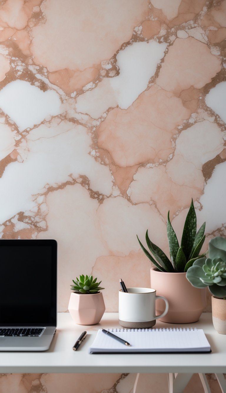 A modern office workspace with a laptop, coffee mug, plant, and neutral marble print wallpaper in warm blush tones.