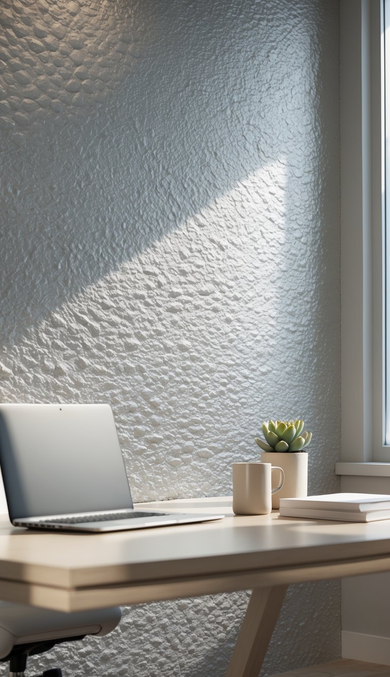 A calm office workspace with a silvery pebble textured wallpaper, a wooden desk holding a laptop, coffee mug, plant, and notebooks, illuminated by soft natural light.