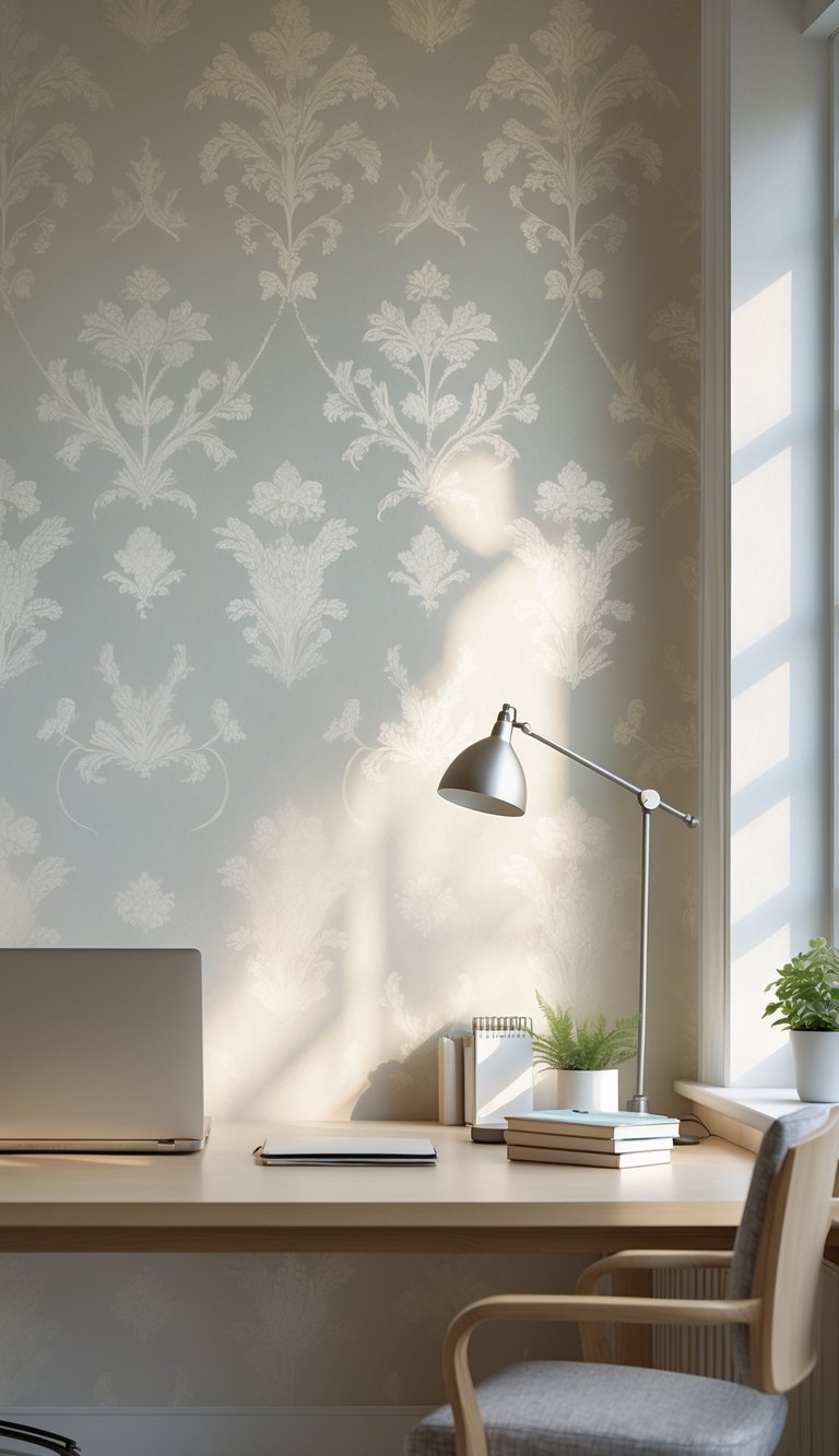 A calm office workspace with a wooden desk, laptop, desk lamp, potted plant, and neutral-tone damask wallpaper in the background.