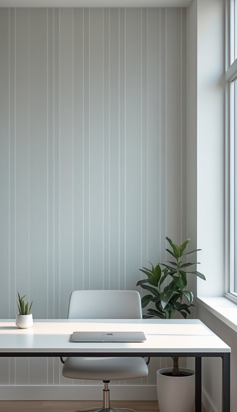 A modern office workspace with a clean desk, laptop, plant, and soft gray striped wallpaper in the background.