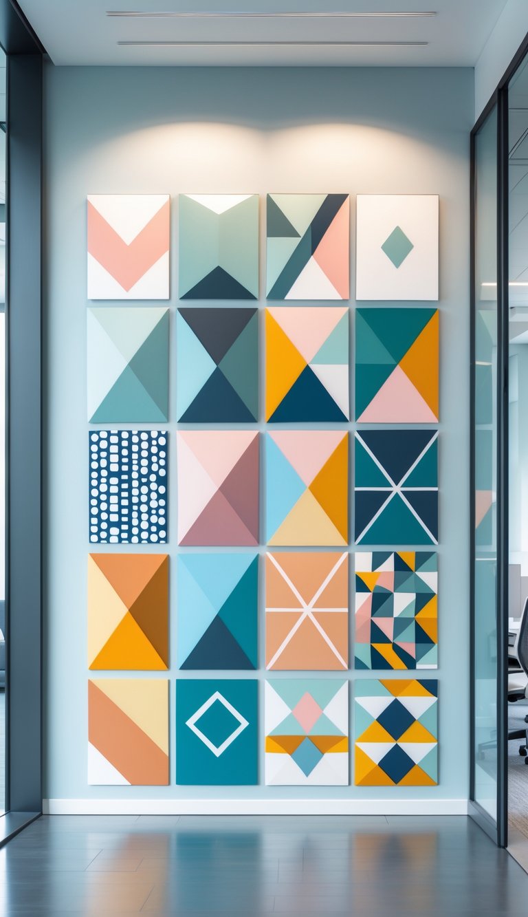 Sixteen different geometric wallpaper patterns displayed on an office wall in a clean, modern workspace.