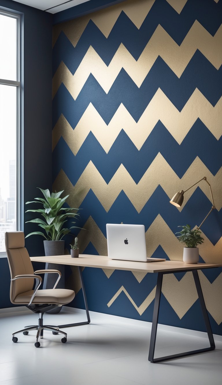 A modern office with a large wall covered in navy and gold chevron patterned wallpaper, featuring a desk, chair, and natural light from windows.