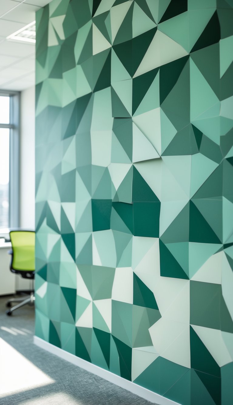 Office wall with a muted emerald green triangular geometric pattern wallpaper.