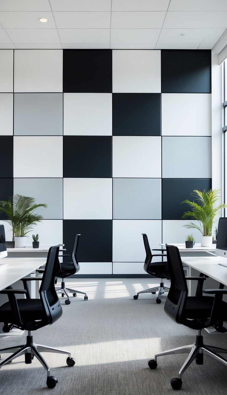 Office interior with a large black-and-white cubic mural on the wall and modern furniture.