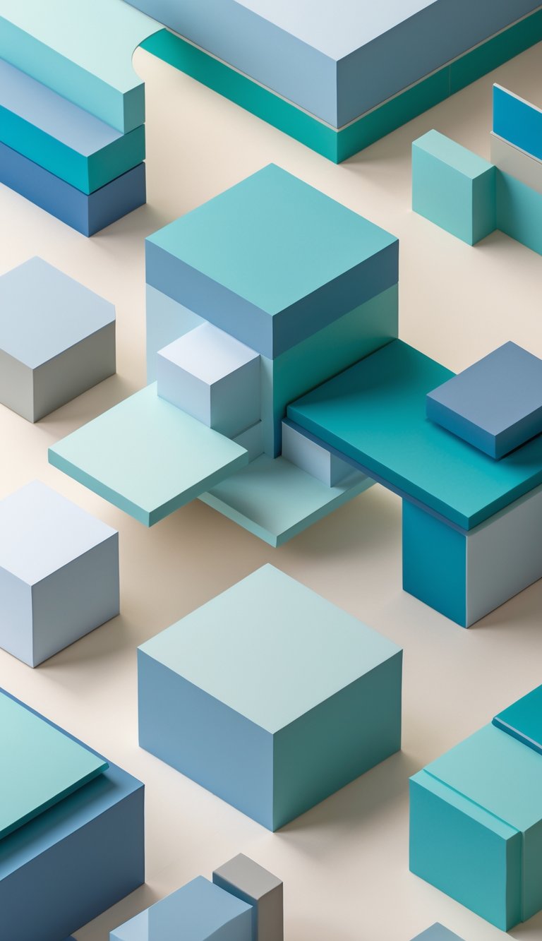 An arrangement of colorful geometric blocks in various shapes and soft gradients forming a modern office wallpaper pattern.