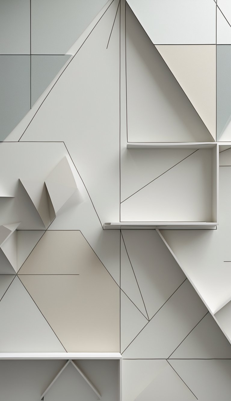 Close-up view of a modern office wall covered with a subtle geometric pattern of thin intersecting lines forming various shapes.