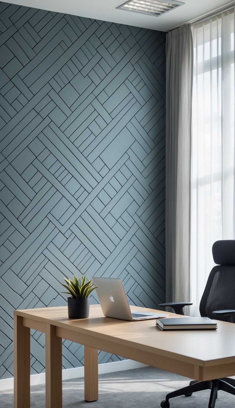 An office interior with a wooden desk, laptop, plant, and a chair in front of a wall covered with a subtle slate-colored geometric patterned wallpaper.
