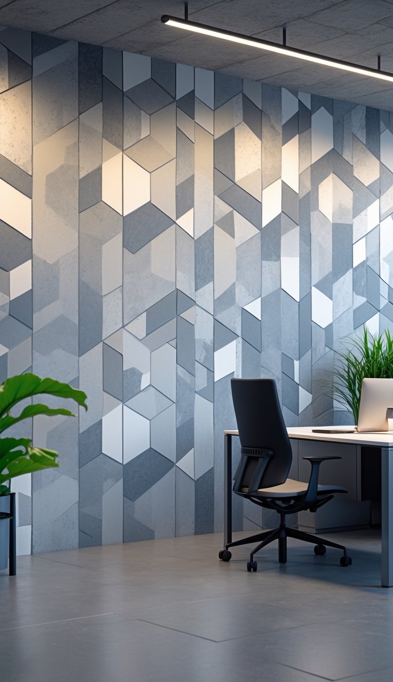 Office interior wall covered with geometric polygon tiles in gray tones, with a desk, chair, and plants nearby.