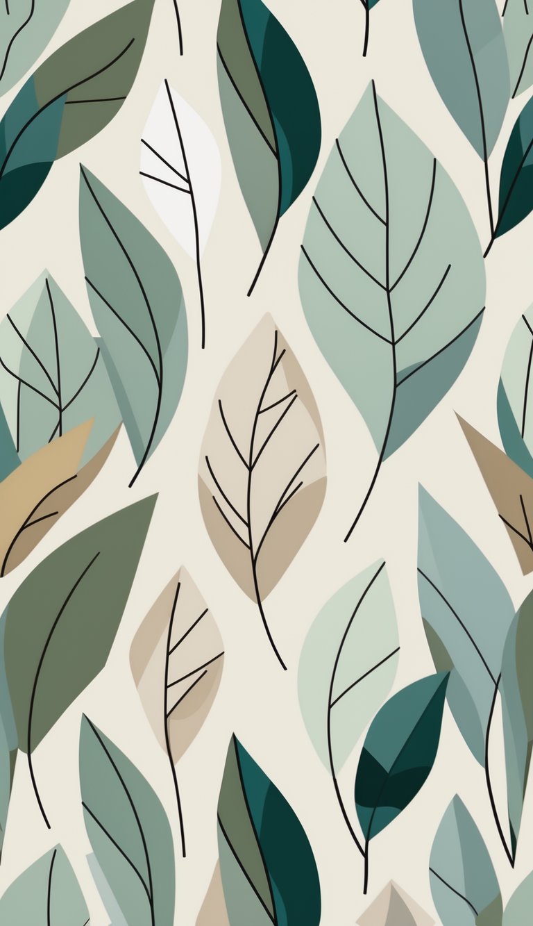 A repeating pattern of stylized geometric leaves in muted green and earth tones on a light background.