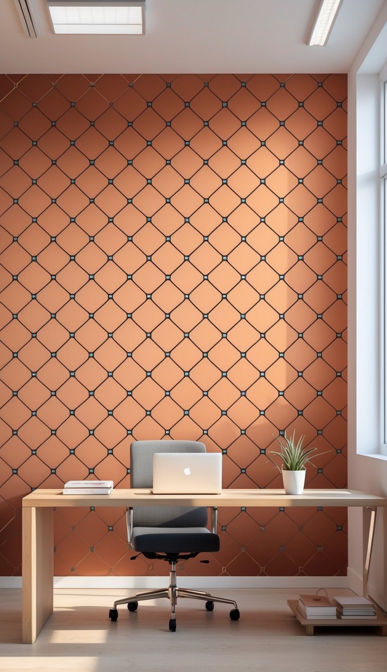 An office interior with a wooden desk and a warm terracotta diamond patterned wallpaper in the background.