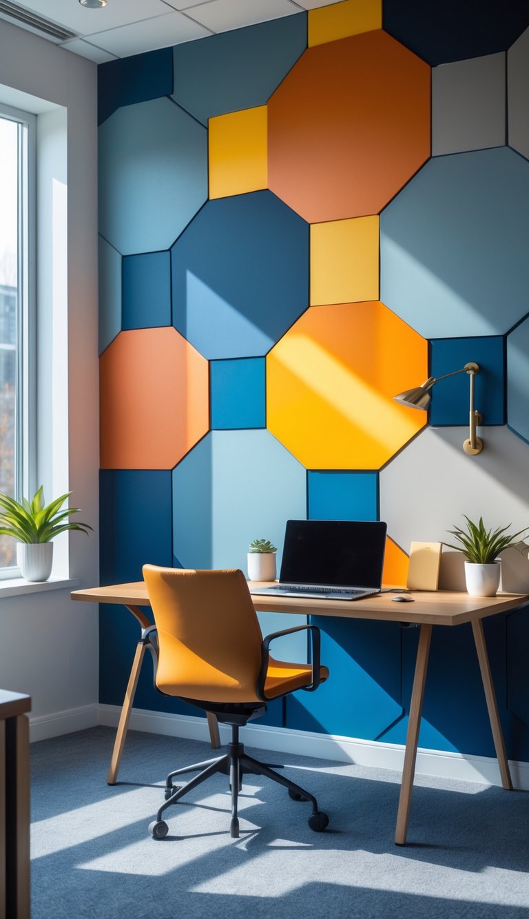 Modern office interior with a colorful hexagon pattern wall, a wooden desk, chair, and a potted plant.