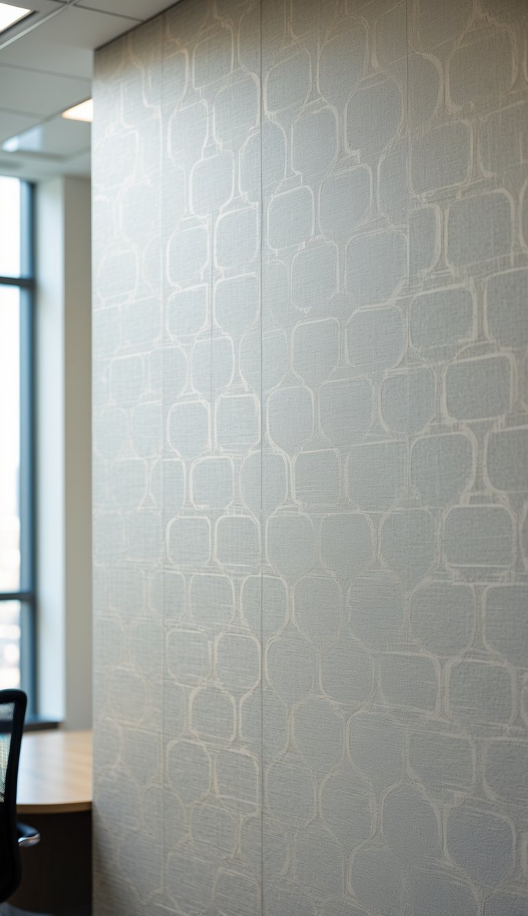 Close-up view of a neutral quatrefoil patterned textured wallpaper in an office environment.
