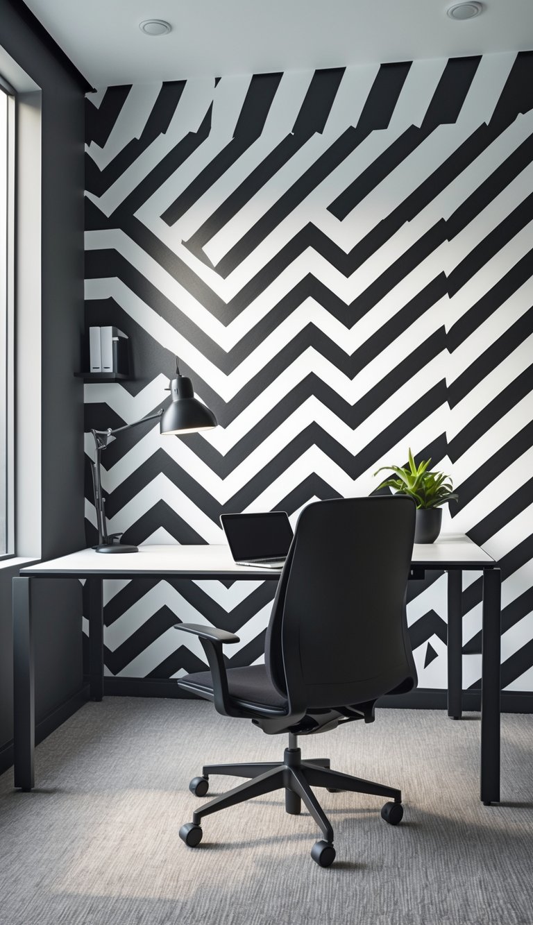 Modern office interior with a black and white zigzag stripe wallpaper and minimalist furniture including a desk, chair, and plant.